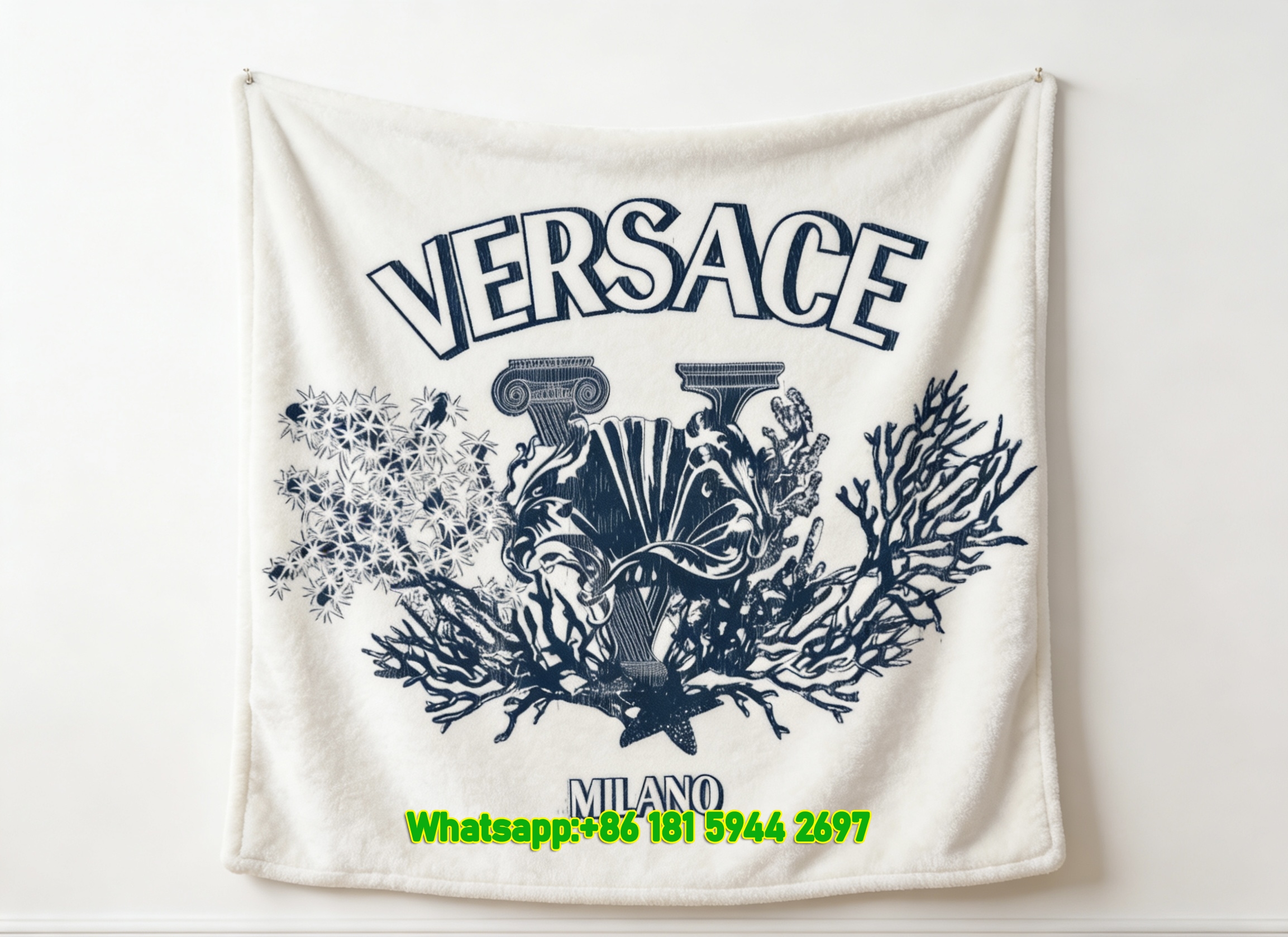 Versace Navy Blue White Ocean Baroque Print Flannel Sofa Throw Blanket IMG_1437
